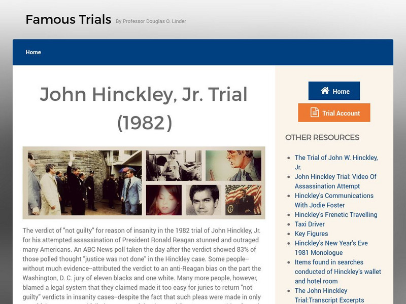 Famous Trials: John Hinckley Trial Handout Famous Trials: John Hinckley Trial Handout