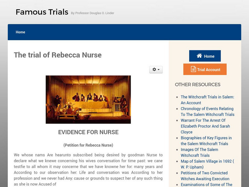 Famous Trials: Salem Witch Trials: Trial of Rebecca Nurse Primary Famous Trials: Salem Witch Trials: Trial of Rebecca Nurse Primary