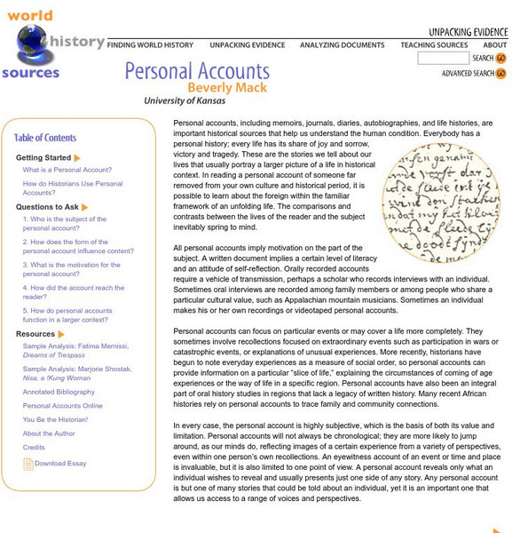 George Mason University: World History Sources: Personal Accounts Unit Plan George Mason University: World History Sources: Personal Accounts Unit Plan
