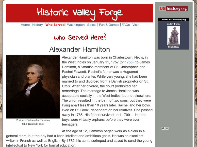 U.s. History: Historic Valley Forge: Major General Alexander Hamilton Handout U.s. History: Historic Valley Forge: Major General Alexander Hamilton Handout