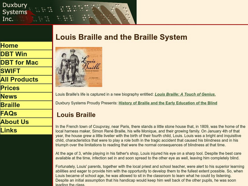 Duxbury Systems: Louis Braille and the Braille System Website