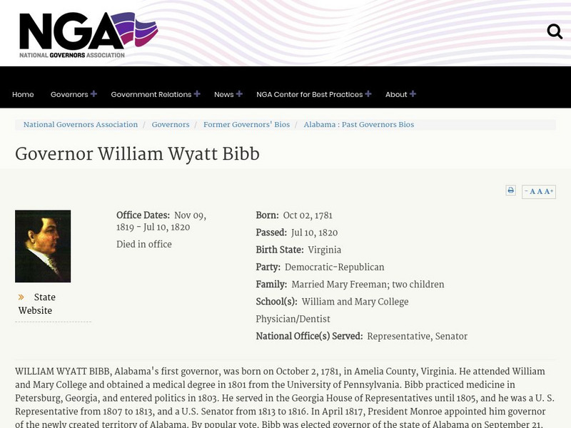 National Governors Association: Alabama Governor William Wyatt Bibb Handout