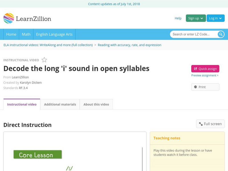 Learn Zillion: Decode the Long 'I' Sound in Open Syllables Instructional Video Learn Zillion: Decode the Long 'I' Sound in Open Syllables Instructional Video