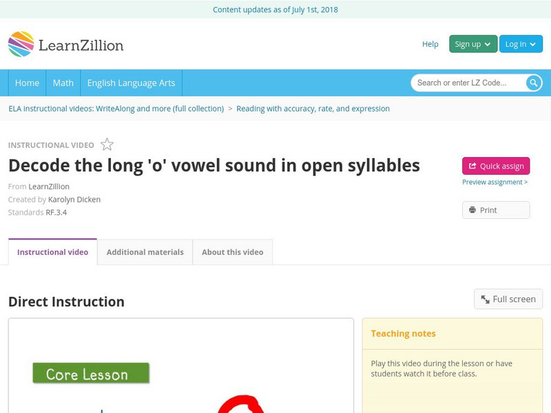 Learn Zillion: Decode the Long 'O' Vowel Sound in Open Syllables Instructional Video Learn Zillion: Decode the Long 'O' Vowel Sound in Open Syllables Instructional Video