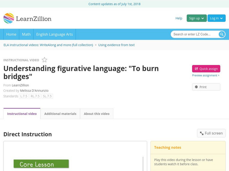 Learn Zillion: Understanding Figurative Language: "To Burn Bridges" Instructional Video Learn Zillion: Understanding Figurative Language: "To Burn Bridges" Instructional Video