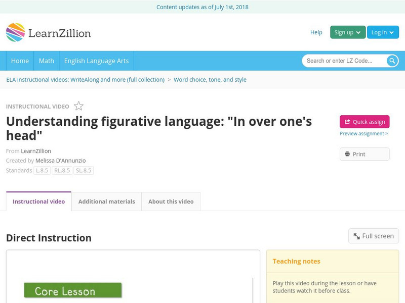 Learn Zillion: Understanding Figurative Language: "In Over One's Head" Instructional Video Learn Zillion: Understanding Figurative Language: "In Over One's Head" Instructional Video