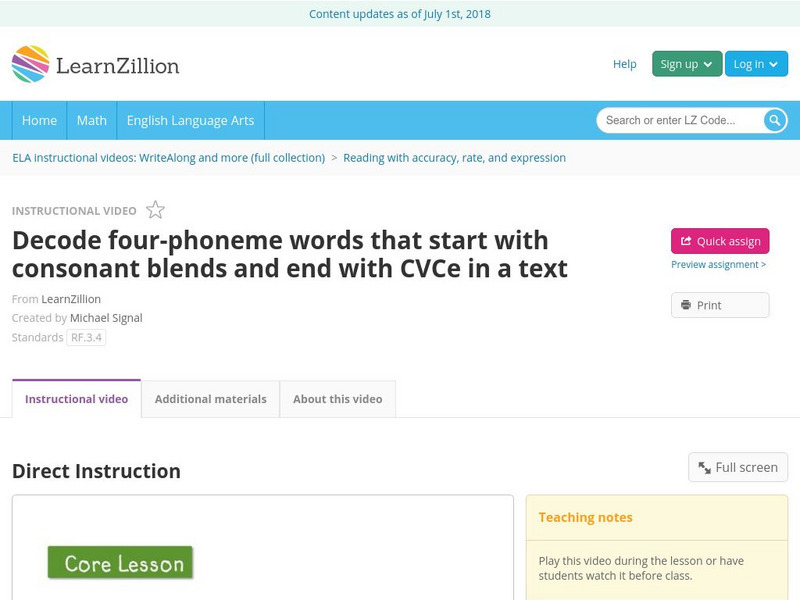 Learn Zillion: Decode Four Phoneme Words: Consonant Blends and End With Cv Ce Instructional Video