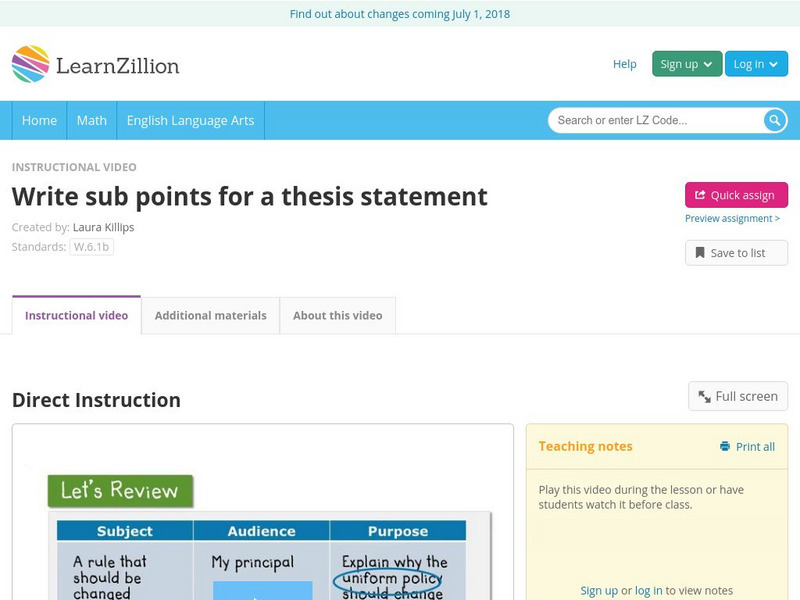 Learn Zillion: Write Sub Points for a Thesis Statement Instructional Video