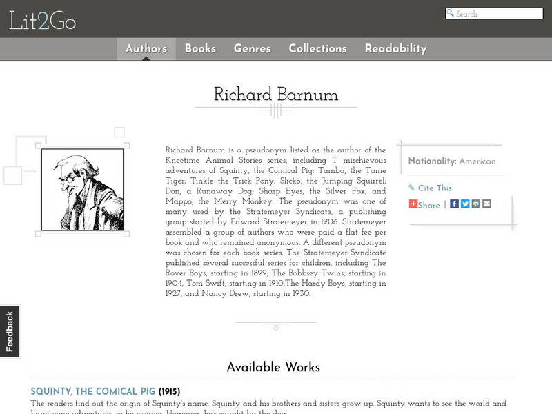 Educational Technology Clearinghouse: Lit2 Go: Barnum: Squinty, the Comical Pig Website