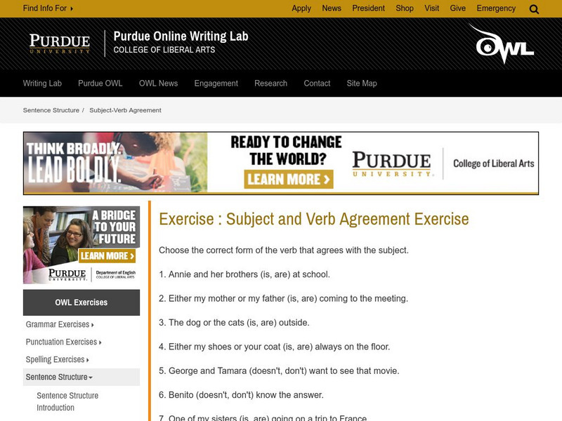 Purdue University Owl: Exercise: Subject and Verb Agreement Exercise Handout Purdue University Owl: Exercise: Subject and Verb Agreement Exercise Handout