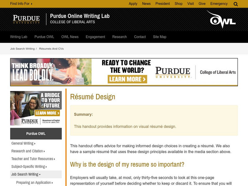 Purdue University Owl: Resume Design Handout Purdue University Owl: Resume Design Handout