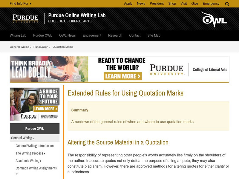Purdue University Owl: Extended Rules for Using Quotation Marks Handout Purdue University Owl: Extended Rules for Using Quotation Marks Handout
