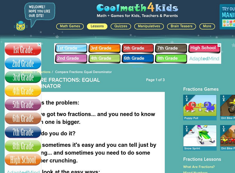 Coolmath: Coolmath4kids: Compare Fractions: Equal Denominator Handout Coolmath: Coolmath4kids: Compare Fractions: Equal Denominator Handout
