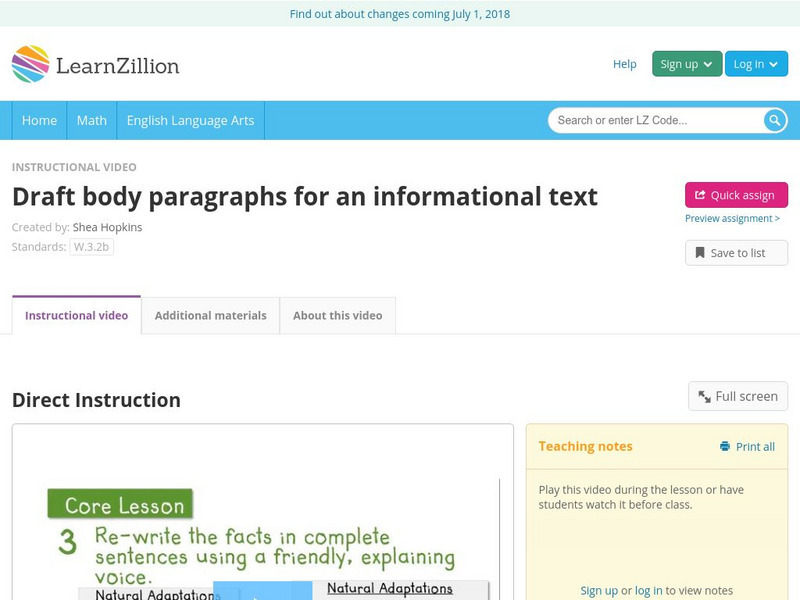 Learn Zillion: Draft Body Paragraphs for an Informational Text Instructional Video Learn Zillion: Draft Body Paragraphs for an Informational Text Instructional Video