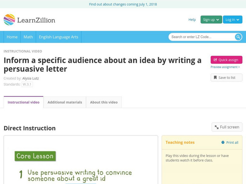 Learn Zillion: Inform a Specific Audience About an Idea: Write Persuasive Letter Instructional Video Learn Zillion: Inform a Specific Audience About an Idea: Write Persuasive Letter Instructional Video
