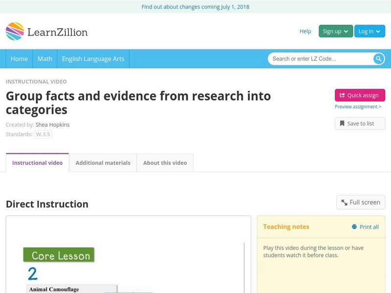 Learn Zillion: Group Facts and Evidence From Research Into Categories Instructional Video Learn Zillion: Group Facts and Evidence From Research Into Categories Instructional Video