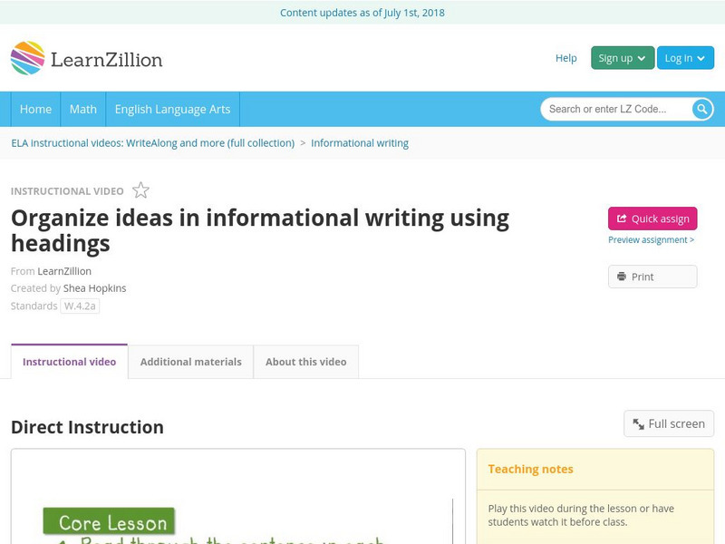 Learn Zillion: Organize Ideas in Informational Writing Using Headings Instructional Video Learn Zillion: Organize Ideas in Informational Writing Using Headings Instructional Video