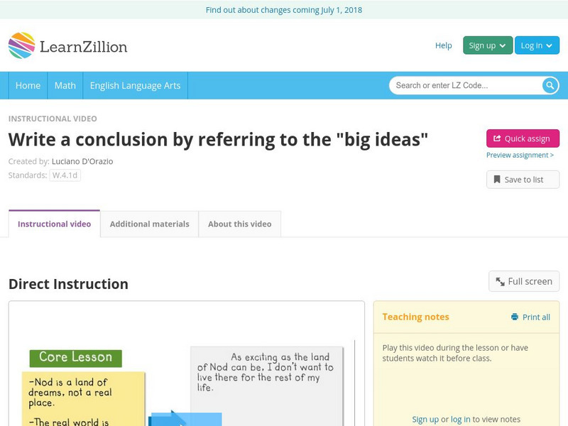 Learn Zillion: Write a Conclusion by Referring to the "Big Ideas" Instructional Video Learn Zillion: Write a Conclusion by Referring to the "Big Ideas" Instructional Video