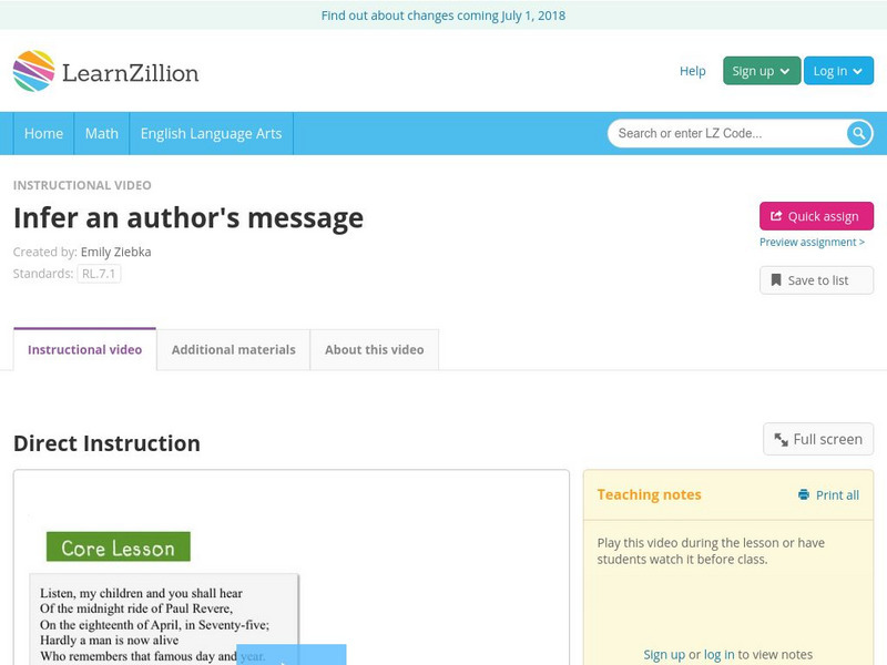 Learn Zillion: Infer an Author's Message Instructional Video Learn Zillion: Infer an Author's Message Instructional Video