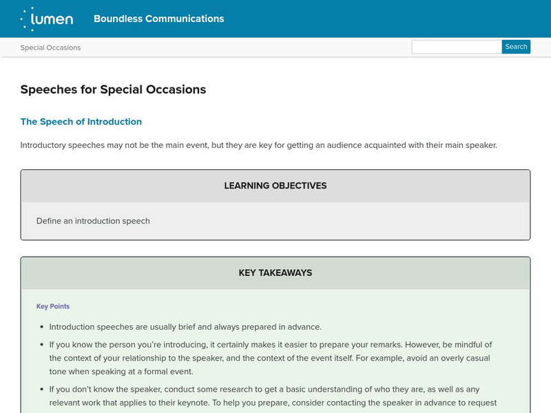 Lumen: Boundless Communications: Speeches for Special Occasions Lesson Plan Lumen: Boundless Communications: Speeches for Special Occasions Lesson Plan