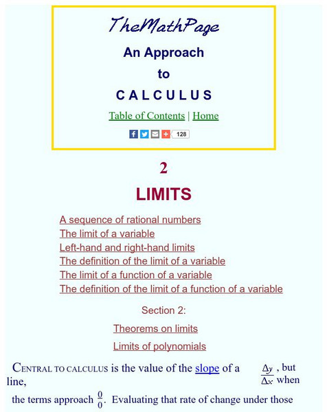The Math Page: An Approach to Calculus: Limits Unit Plan The Math Page: An Approach to Calculus: Limits Unit Plan