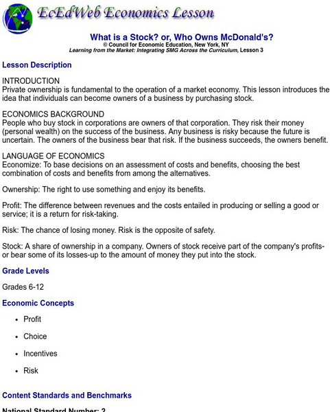 Ec Ed Web: What Is a Stock? Or, Who Owns Mc Donald's? Lesson Plan Ec Ed Web: What Is a Stock? Or, Who Owns Mc Donald's? Lesson Plan