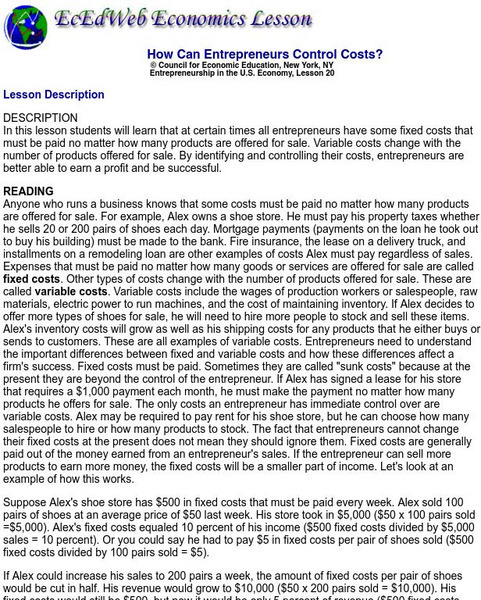 Ec Ed Web: How Can Entrepreneurs Control Costs? Lesson Plan Ec Ed Web: How Can Entrepreneurs Control Costs? Lesson Plan