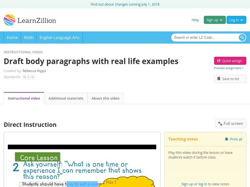 Learn Zillion: Draft Body Paragraphs With Real Life Examples Instructional Video Learn Zillion: Draft Body Paragraphs With Real Life Examples Instructional Video