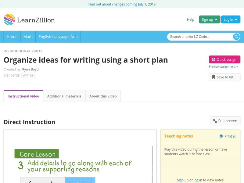 Learn Zillion: Organize Ideas for Writing Using a Short Plan Instructional Video Learn Zillion: Organize Ideas for Writing Using a Short Plan Instructional Video