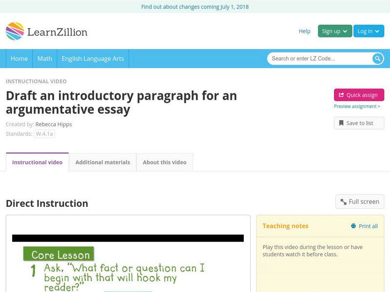 Learn Zillion: Draft an Introductory Paragraph for an Argumentative Essay Instructional Video Learn Zillion: Draft an Introductory Paragraph for an Argumentative Essay Instructional Video