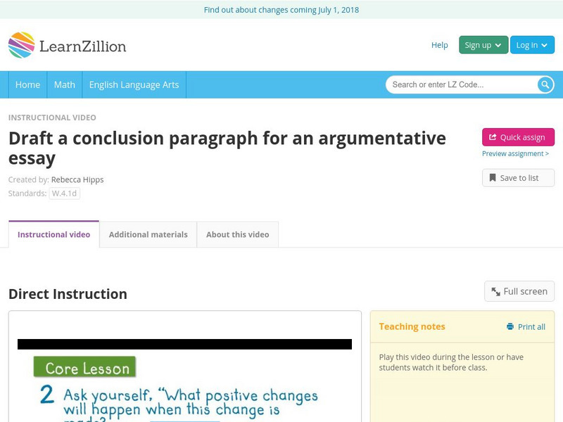 Learn Zillion: Draft a Conclusion Paragraph for an Argumentative Essay Instructional Video Learn Zillion: Draft a Conclusion Paragraph for an Argumentative Essay Instructional Video