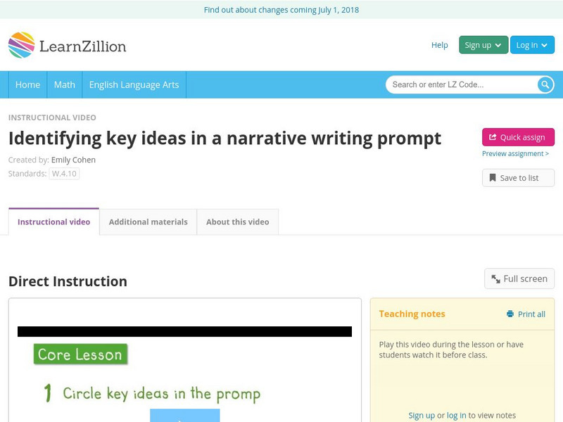 Learn Zillion: Identifying Key Ideas in a Narrative Writing Prompt Instructional Video Learn Zillion: Identifying Key Ideas in a Narrative Writing Prompt Instructional Video