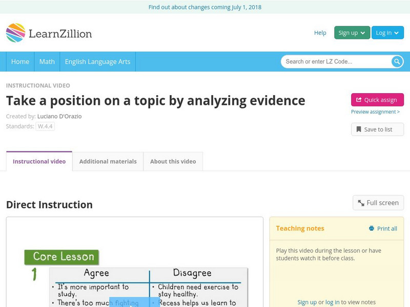 Learn Zillion: Take a Position on a Topic by Analyzing Evidence Instructional Video Learn Zillion: Take a Position on a Topic by Analyzing Evidence Instructional Video
