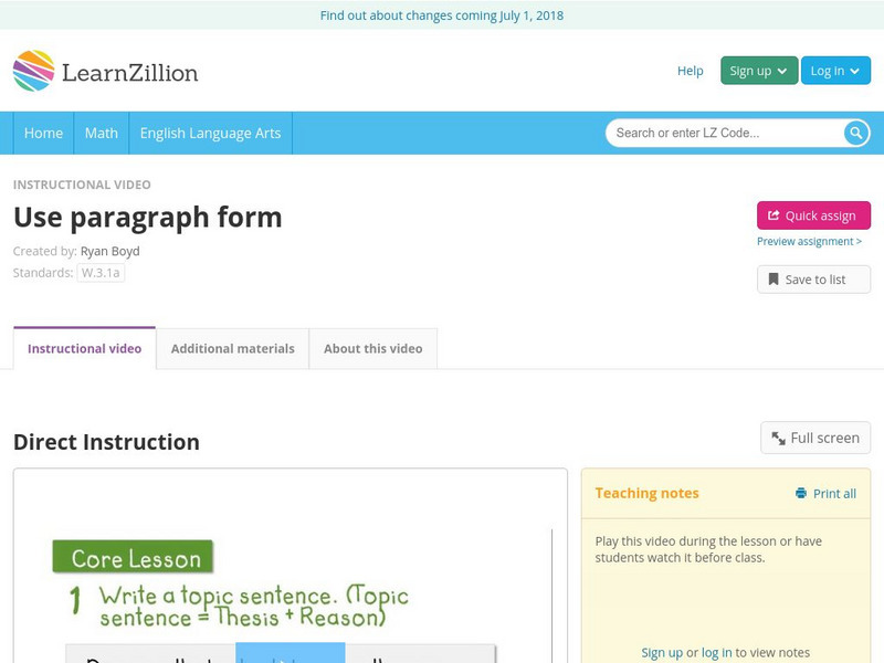 Learn Zillion: Use Paragraph Form Instructional Video Learn Zillion: Use Paragraph Form Instructional Video