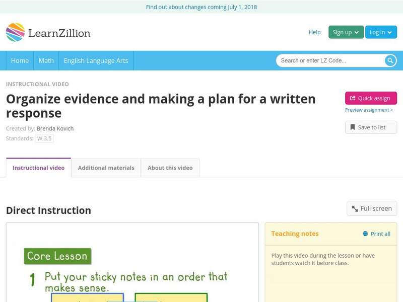 Learn Zillion: Organize Evidence and Making a Plan for a Written Response Instructional Video Learn Zillion: Organize Evidence and Making a Plan for a Written Response Instructional Video
