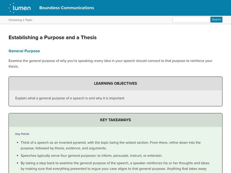 Lumen: Boundless Communications: Establishing a Purpose and a Thesis Lesson Plan Lumen: Boundless Communications: Establishing a Purpose and a Thesis Lesson Plan