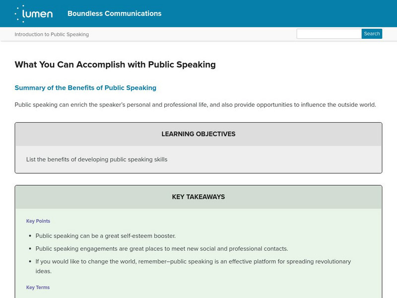 Lumen: Boundless Communication: What You Can Accomplish With Public Speaking Lesson Plan Lumen: Boundless Communication: What You Can Accomplish With Public Speaking Lesson Plan