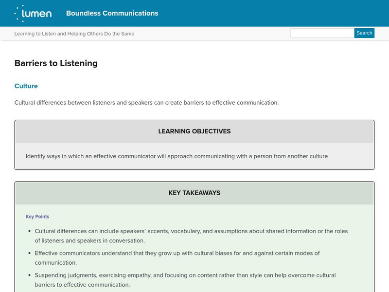 Lumen: Boundless Communications: Barriers to Listening Lesson Plan Lumen: Boundless Communications: Barriers to Listening Lesson Plan
