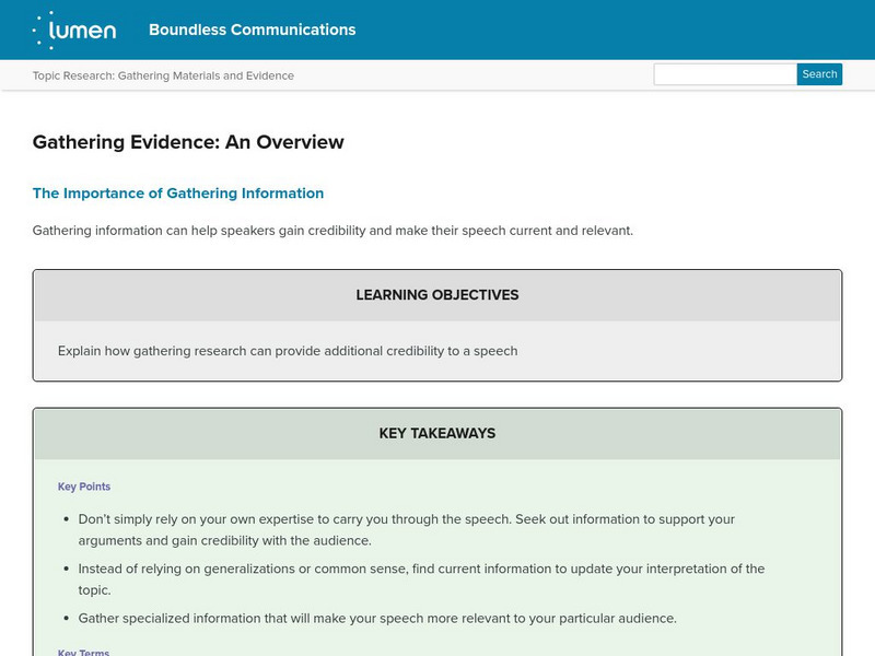 Lumen: Boundless Communications: Gathering Evidence: An Overview Lesson Plan Lumen: Boundless Communications: Gathering Evidence: An Overview Lesson Plan