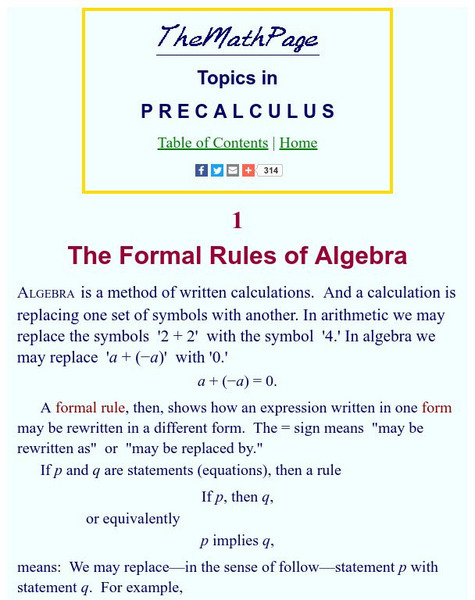The Math Page: Topics in Pre Calculus: The Formal Rules of Algebra Activity The Math Page: Topics in Pre Calculus: The Formal Rules of Algebra Activity