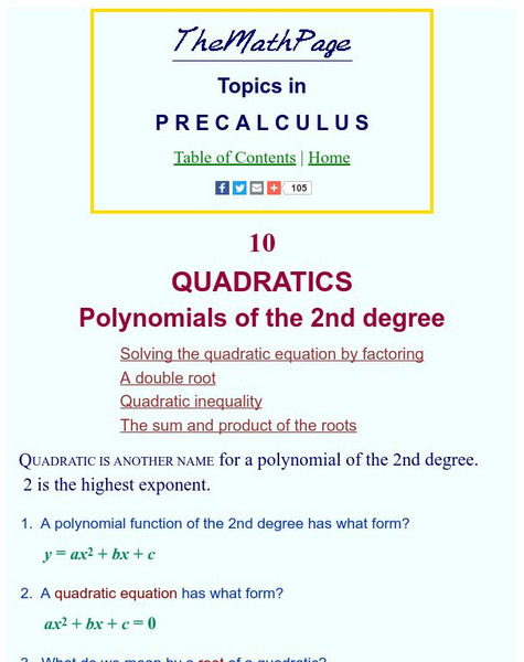 The Math Page: Topics in Pre Calculus: Quadratics Interactive The Math Page: Topics in Pre Calculus: Quadratics Interactive