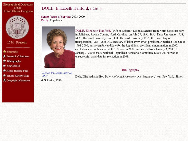 Loc: Biographical Directory of the u.s. Congress: Elizabeth Dole Handout Loc: Biographical Directory of the u.s. Congress: Elizabeth Dole Handout