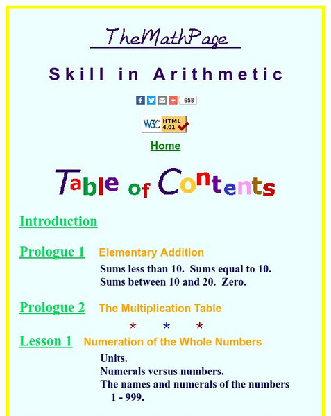 The Math Page: Skill in Arithmetic: Table of Contents Activity