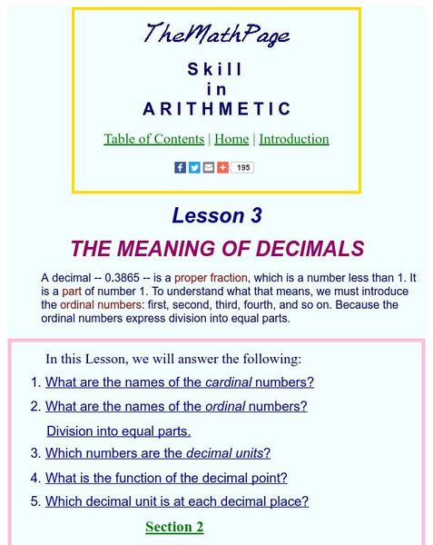 The Math Page: Skill in Arithmetic: The Meaning of Decimals Unit Plan The Math Page: Skill in Arithmetic: The Meaning of Decimals Unit Plan