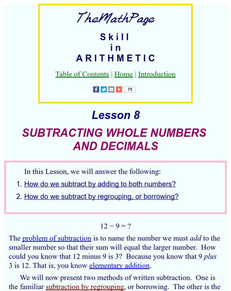 The Math Page: Skill in Arithmetic: Subtracting Whole Numbers and Decimals Activity