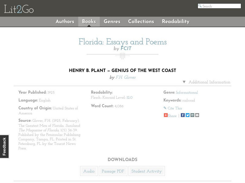 Educational Technology Clearinghouse: Lit2 Go: Henry B. Plant Handout Educational Technology Clearinghouse: Lit2 Go: Henry B. Plant Handout