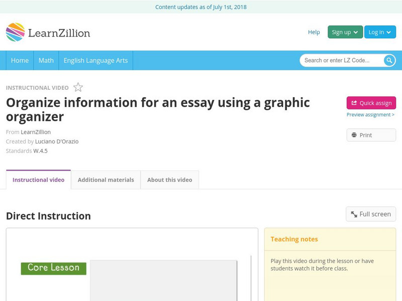 Learn Zillion: Organize Information for an Essay Using a Graphic Organizer Instructional Video