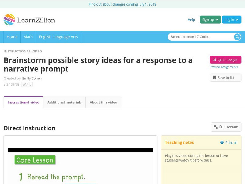 Learn Zillion: Brainstorm Story Ideas for a Response to a Narrative Prompt Instructional Video