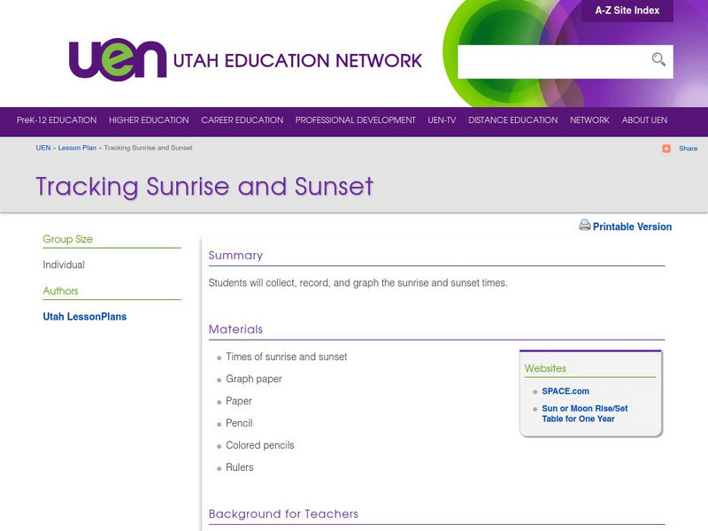 Uen: Tracking Sunrise and Sunset Lesson Plan Uen: Tracking Sunrise and Sunset Lesson Plan