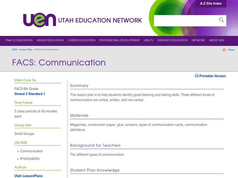 Uen: Facs: Communication Lesson Plan Uen: Facs: Communication Lesson Plan